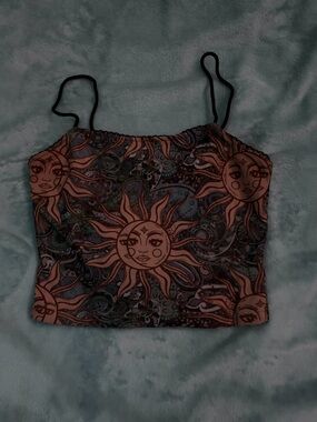 SHEIN Black Crop Cami with Brown Sun Print